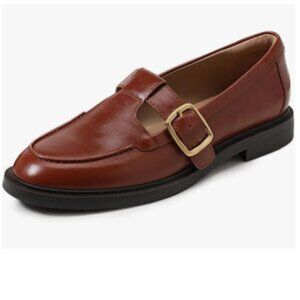 YDN Maroon Low Heel Round Toe Chunky Heels Adjustable Buckled T-Strap Loafers